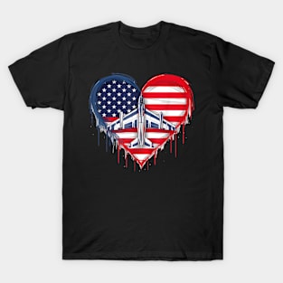 Fighter Jet Airplane American Flag Heart 4Th Of July T-Shirt